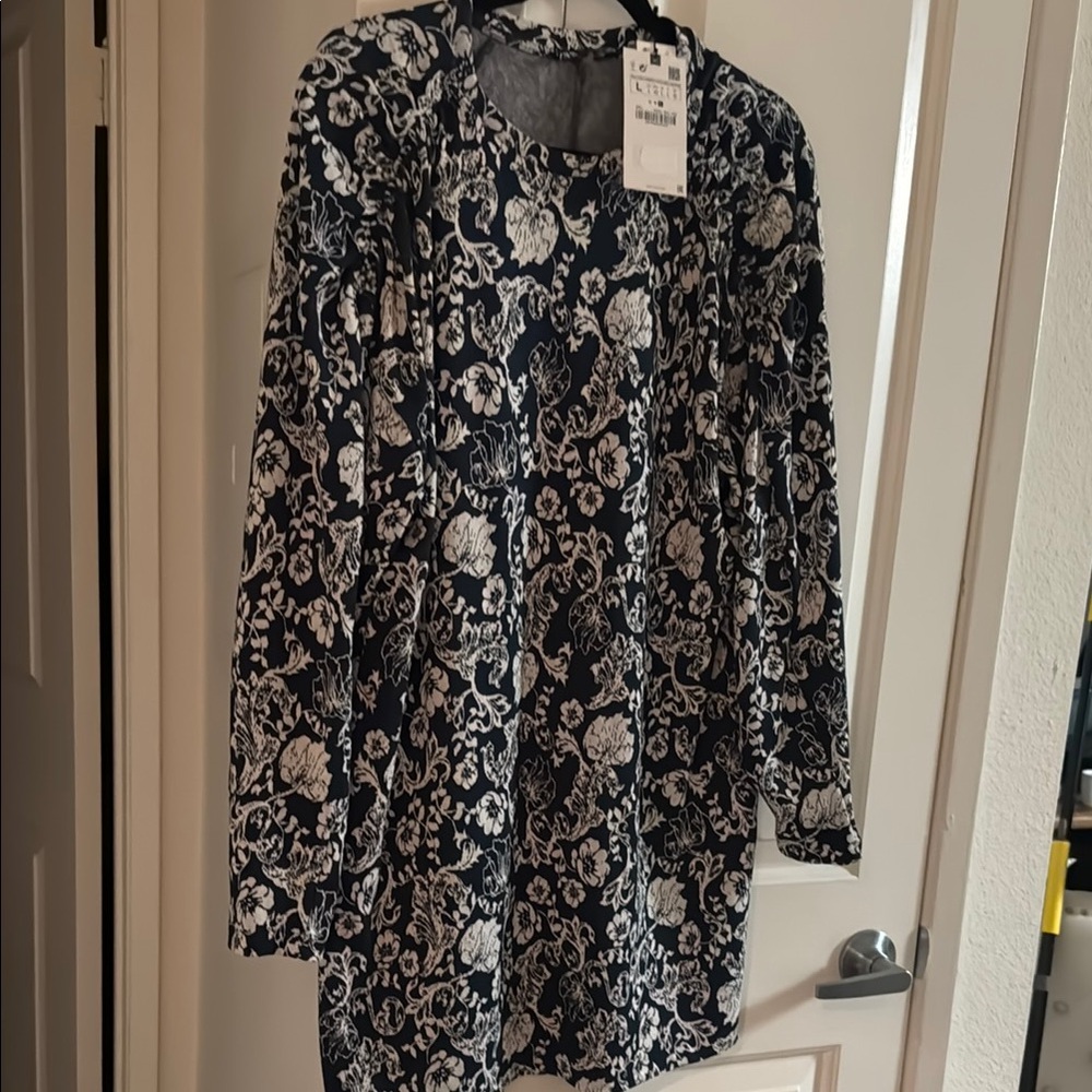 Zara Black and White Sheath Dress with Long Bishop Sleeves